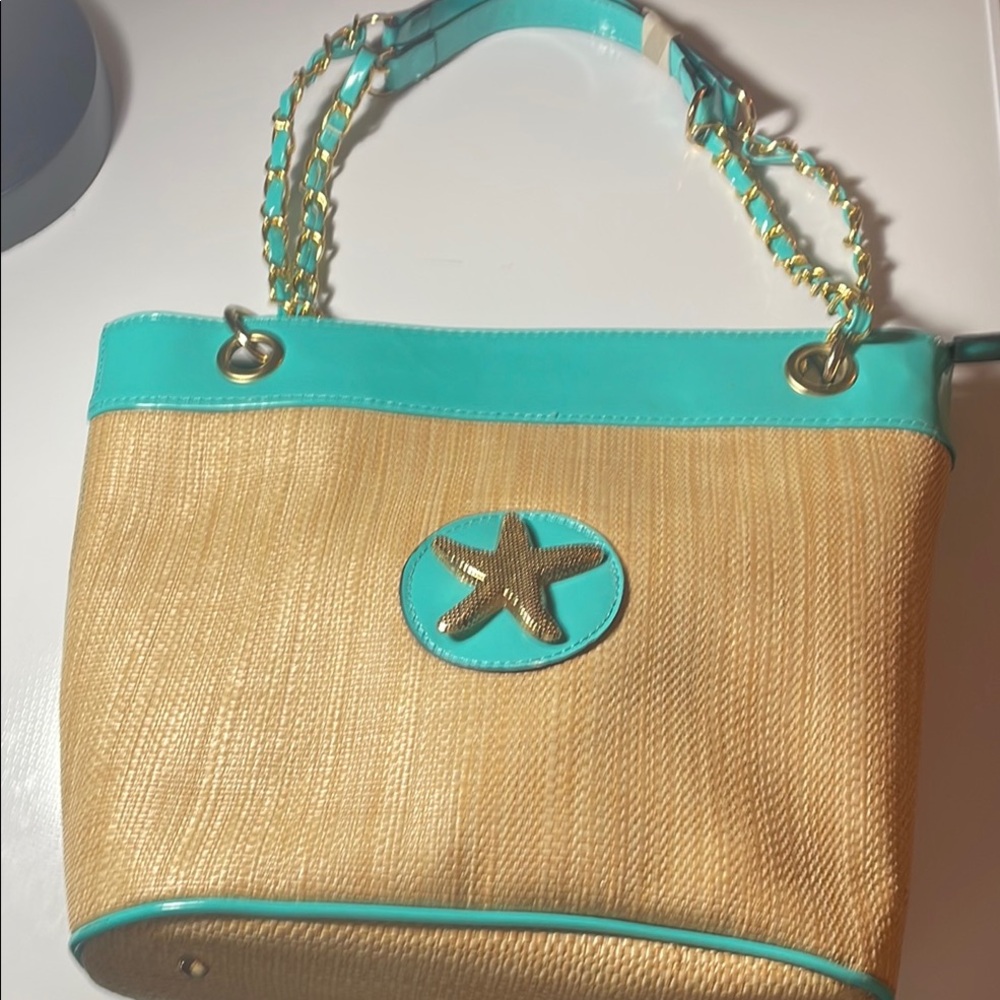 Starfish Accent Turquoise and Tan Tote Bag NWOT - Picture 2 of 6